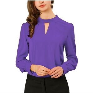 Allegra K Purple Keyhole Stand Collar Pleated Back Button Blouse